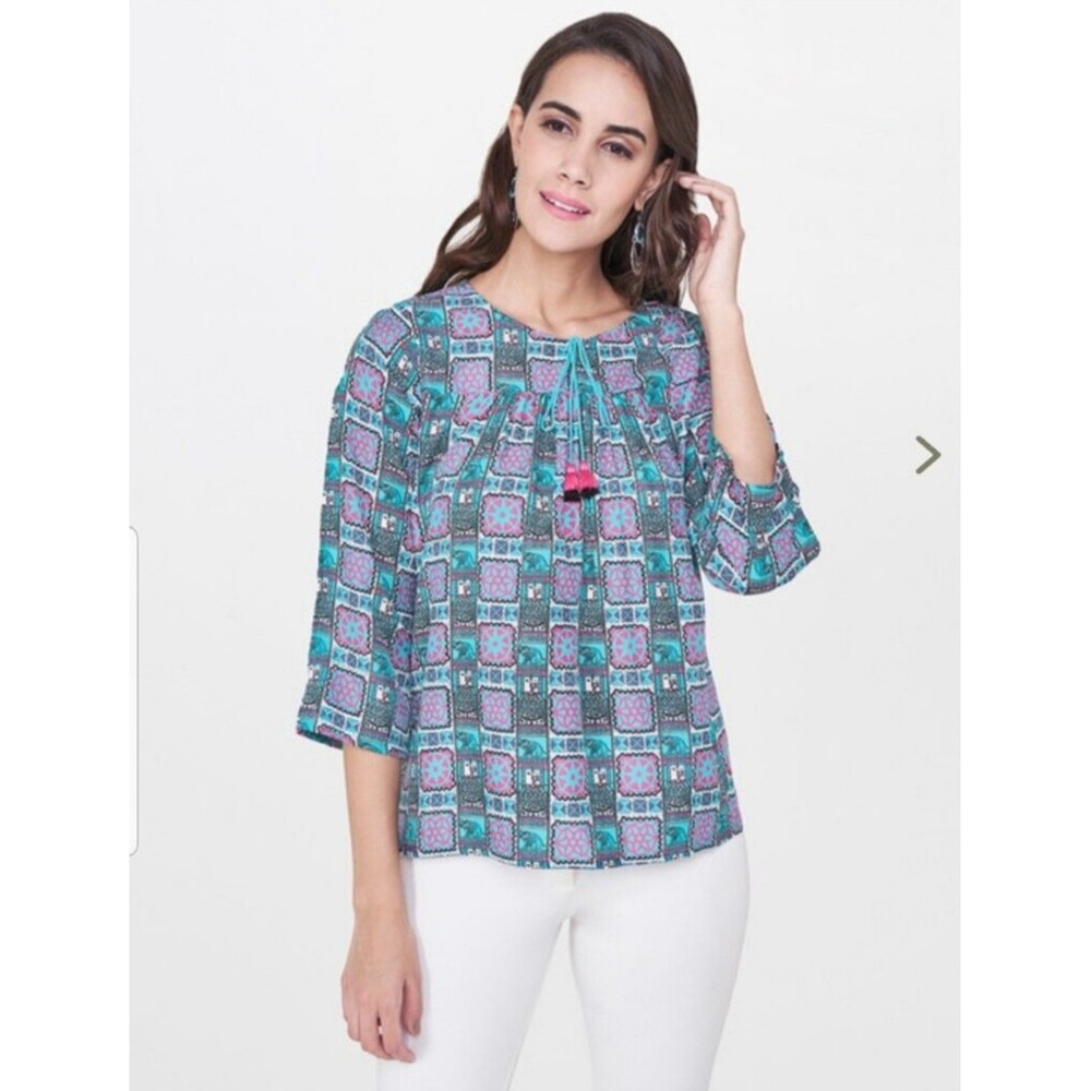Global Desi Women’s Blouse Size XL Aqua Tasseled Ethnic Pattern 3/4 Slit Sleeve